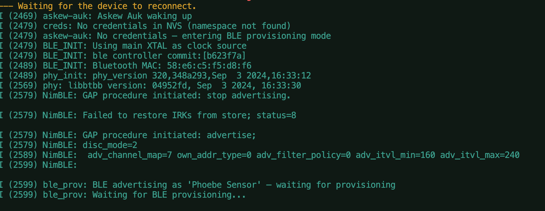 Terminal output showing Askew Auk booting into BLE provisioning mode, advertising as Phoebe Sensor