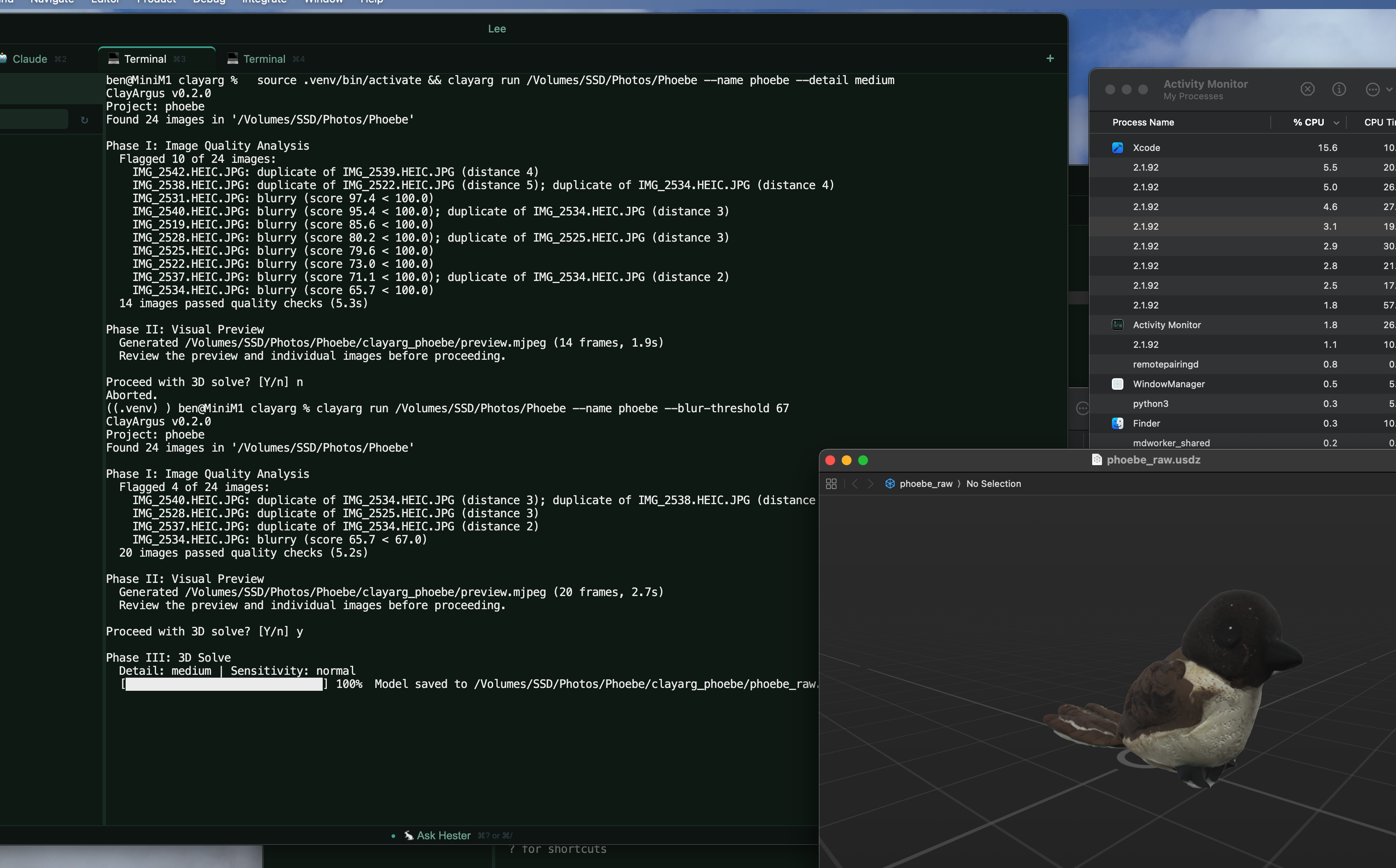 ClayArgus terminal output alongside a 3D model viewer showing the reconstructed Phoebe bird
