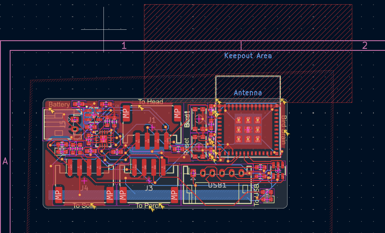 KiCad PCB layout showing routed traces, antenna keepout area, and component placement