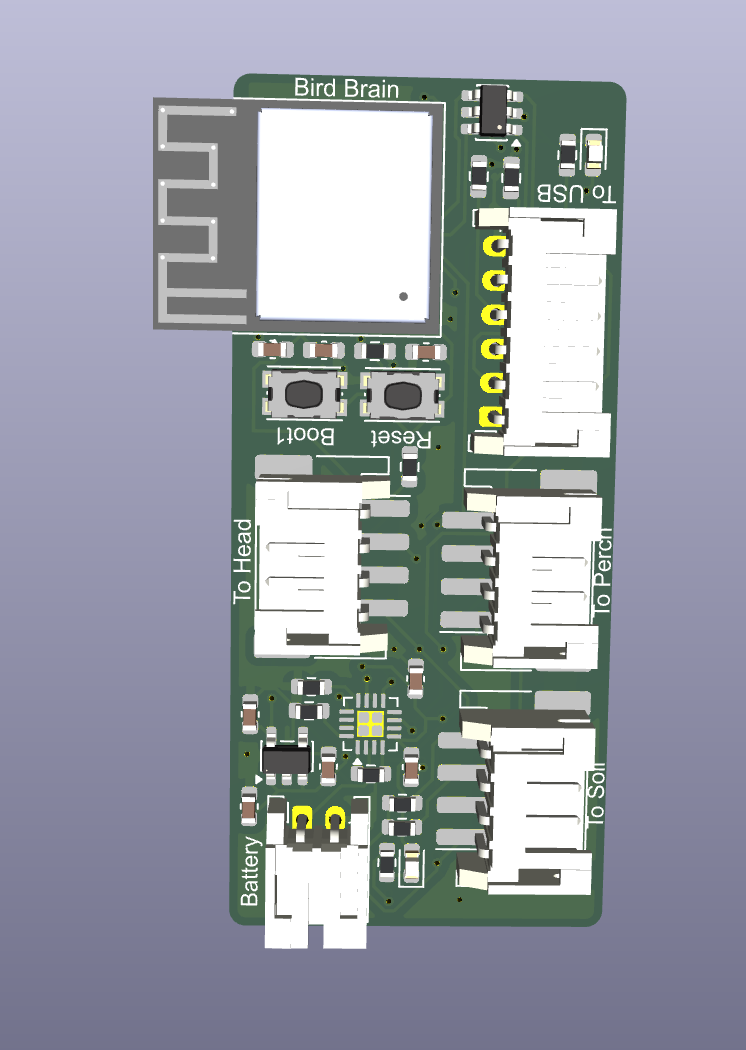 3D render of the Phoebe Spine PCB showing component placement and board shape