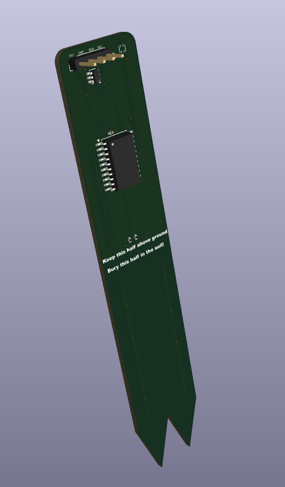 3D render of the Perch Prong back face, showing the ATtiny816, I2C connector, and component placement