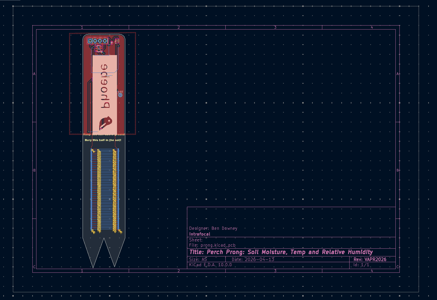 KiCad PCB layout for the Perch Prong soil sensor, showing the probe tines, component placement, and copper pour