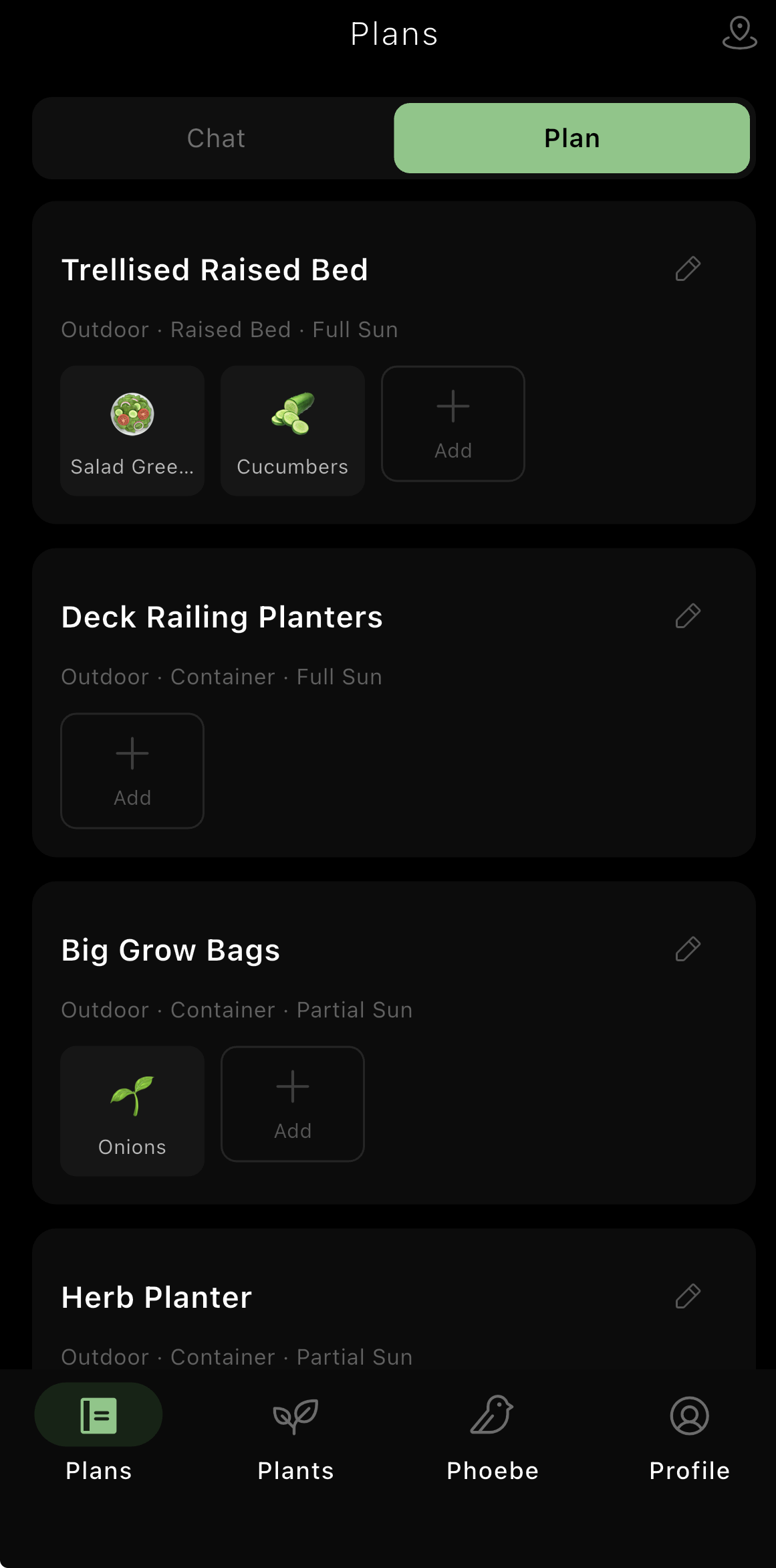 Plans tab Plan mode showing location cards with planting grids